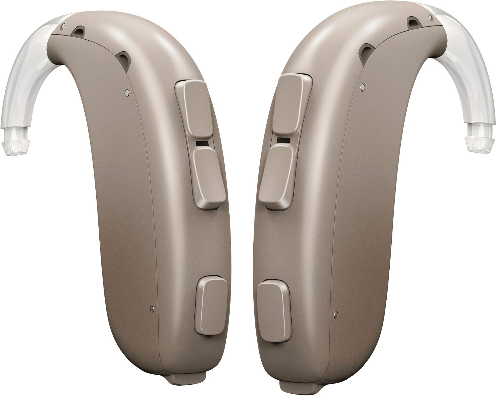 Par de aparelhos auditivos Oticon Xceed retroauriculares, na cor bege, com ganchos transparentes