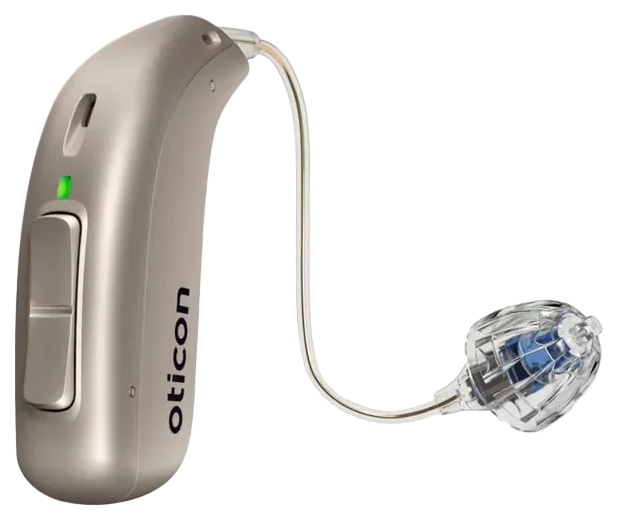 Aparelho auditivo Oticon Jet PX visto de perto, com fio fino e ponta de silicone transparente