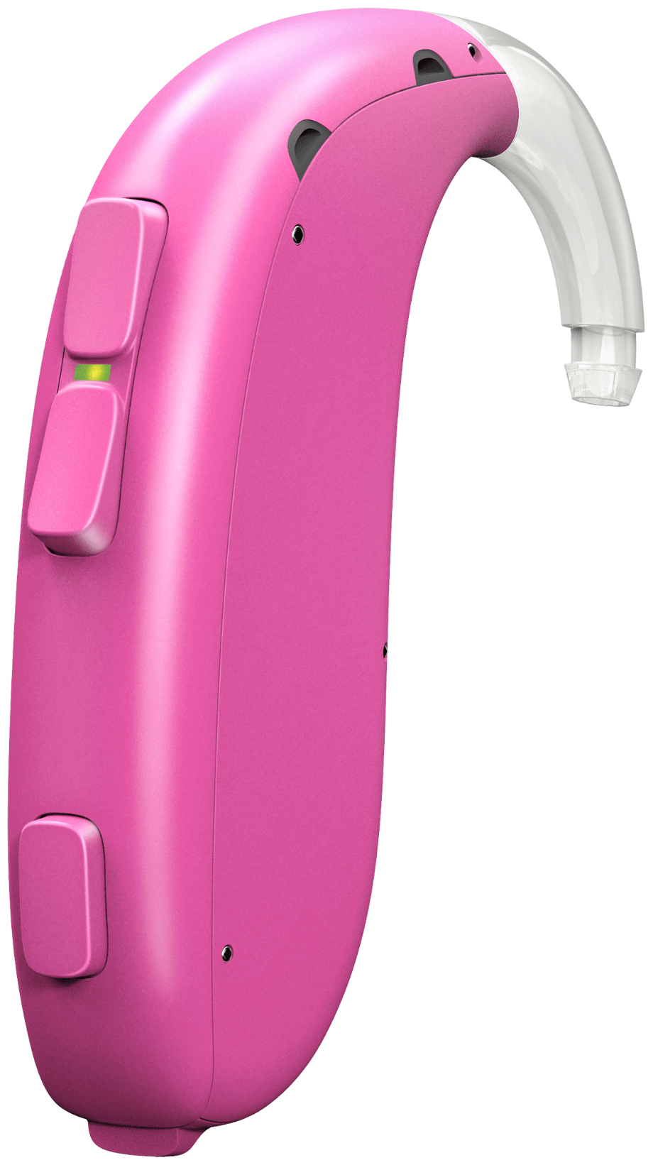 Aparelho auditivo infantil Oticon Xceed Play em rosa, visto de perto